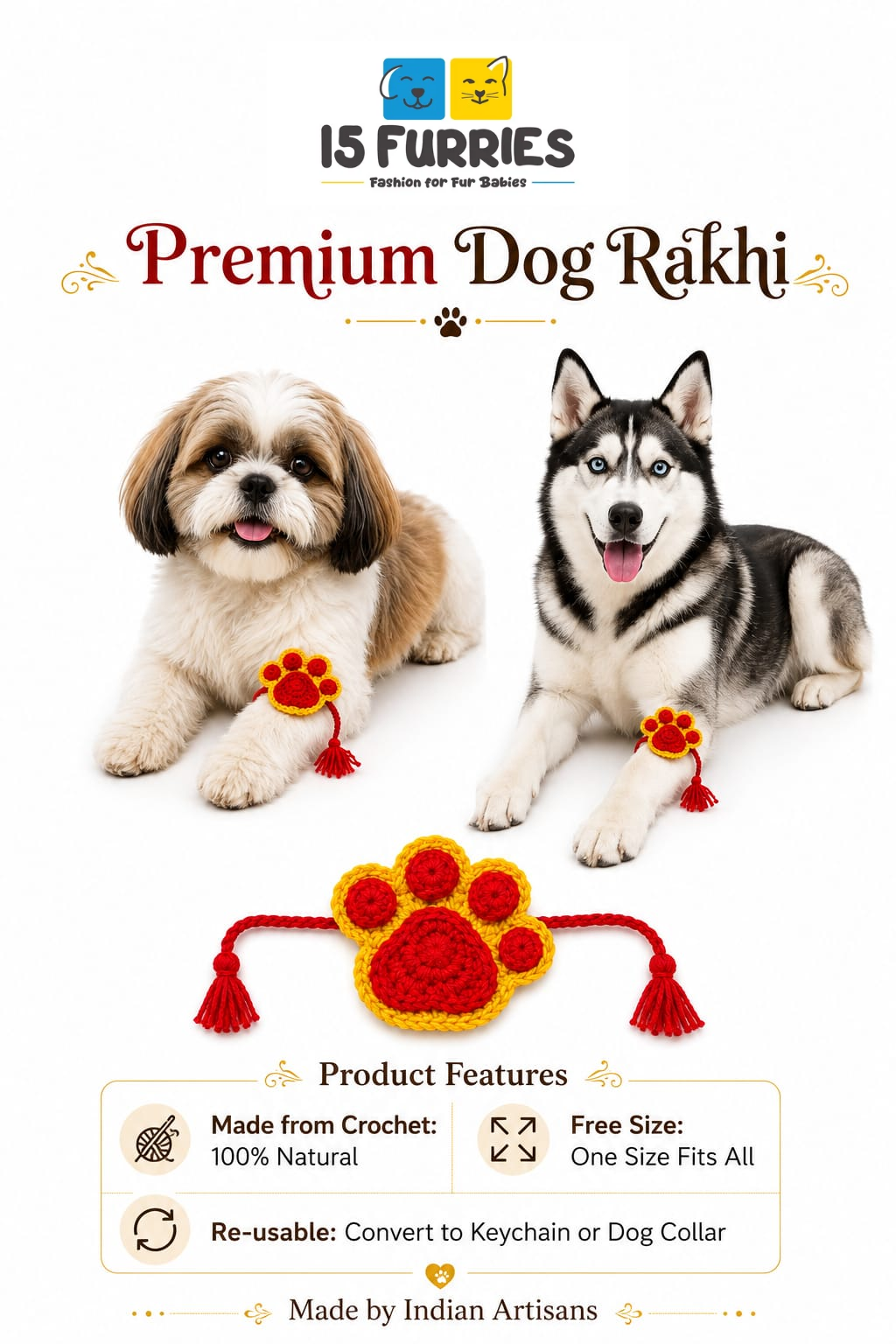 Red & Yellow Paw Crochet Rakhi for Pets