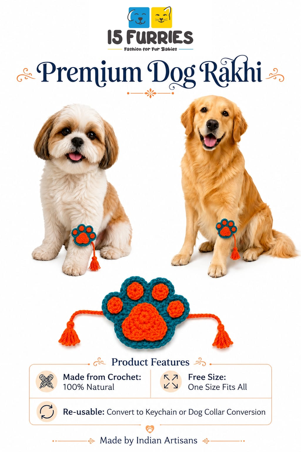 Orange & Blue Paw Crochet Rakhi for Pets