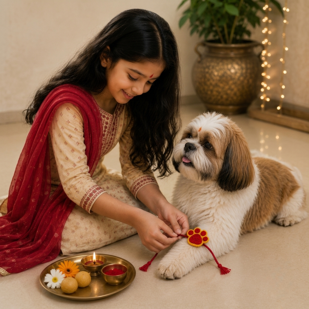 Red & Yellow Paw Crochet Rakhi for Pets