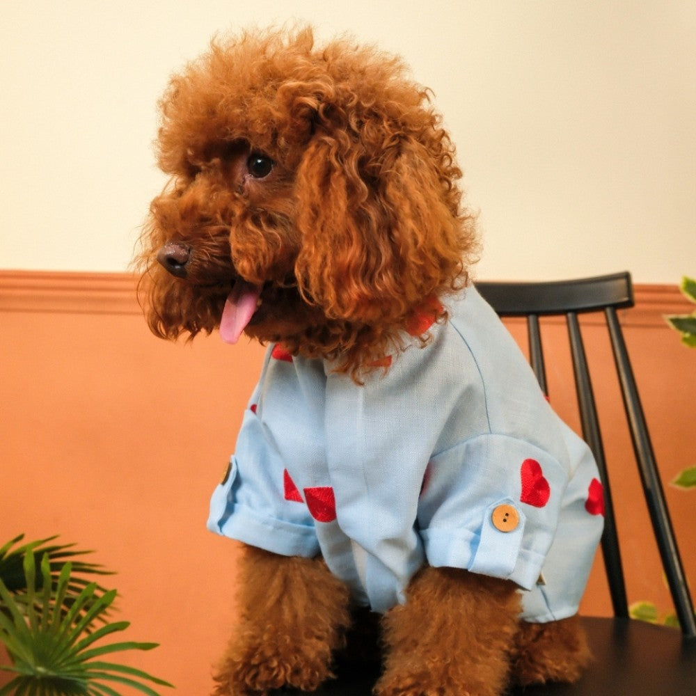 LINEN HEART EMBROIDERY DOG KURTA- BABY BLUE