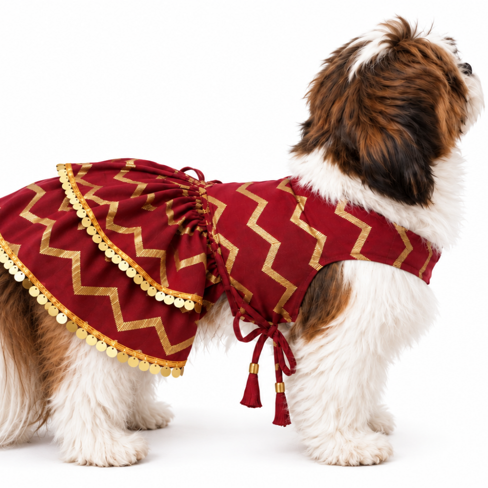 ZARI GOLD DOG LEHENGA- MAROON RED