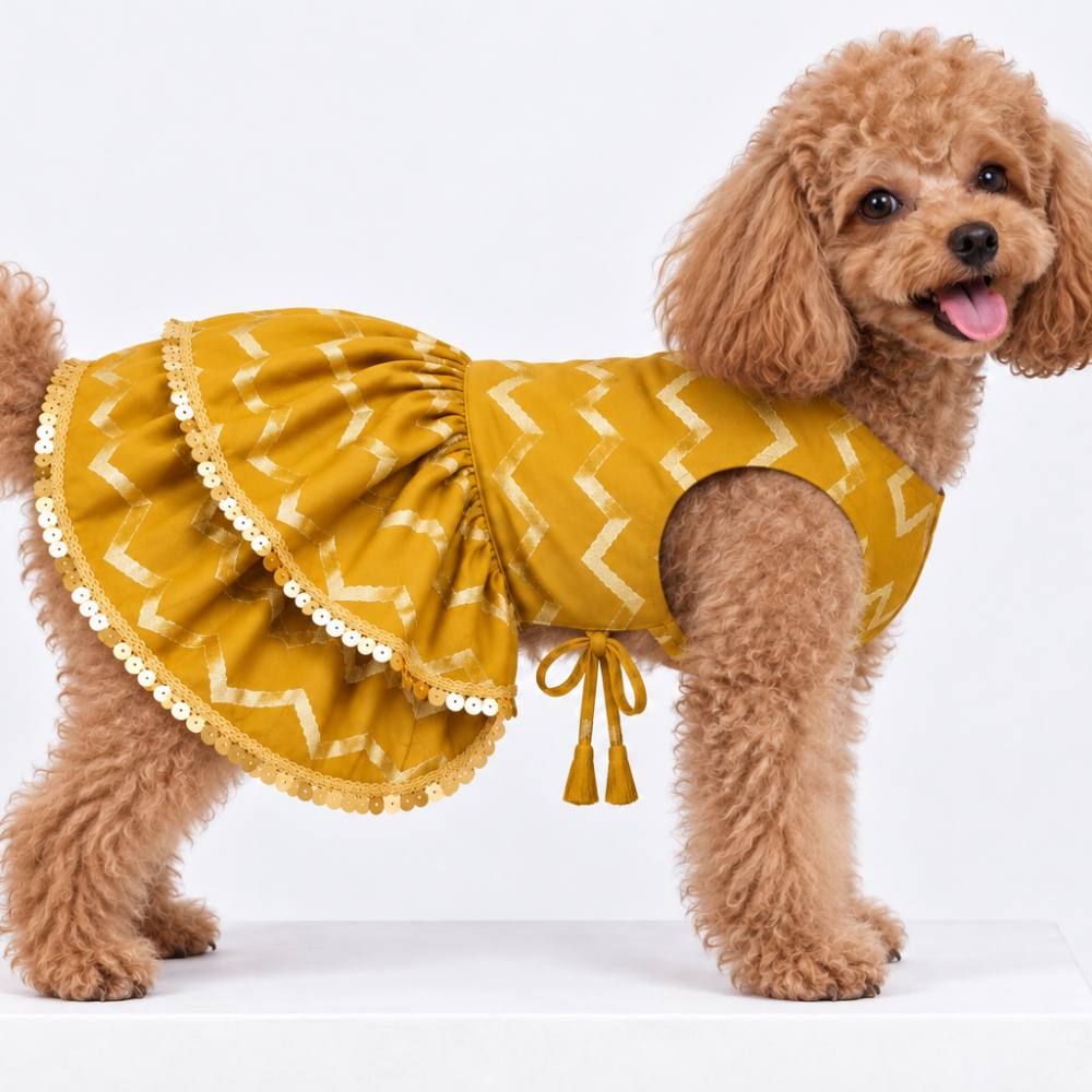 ZARI GOLD DOG LEHENGA- MUSTARD YELLOW