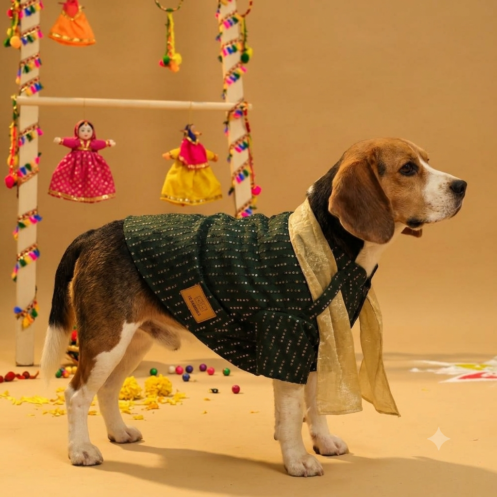 FURWALI FESTIVE DOG KURTA WITH DUPATTA- BOTTLE GREEN