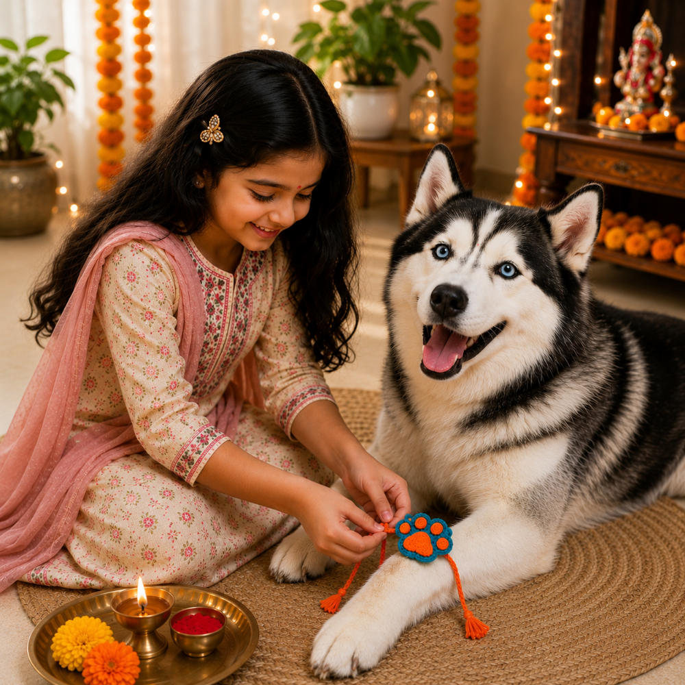 Orange & Blue Paw Crochet Rakhi for Pets
