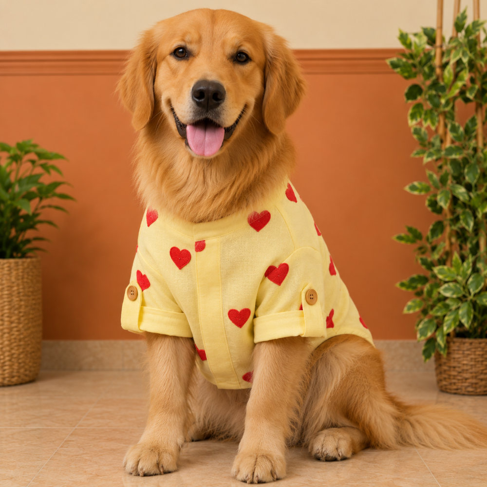 HEART EMBROIDERY DOG KURTA- LEMON YELLOW
