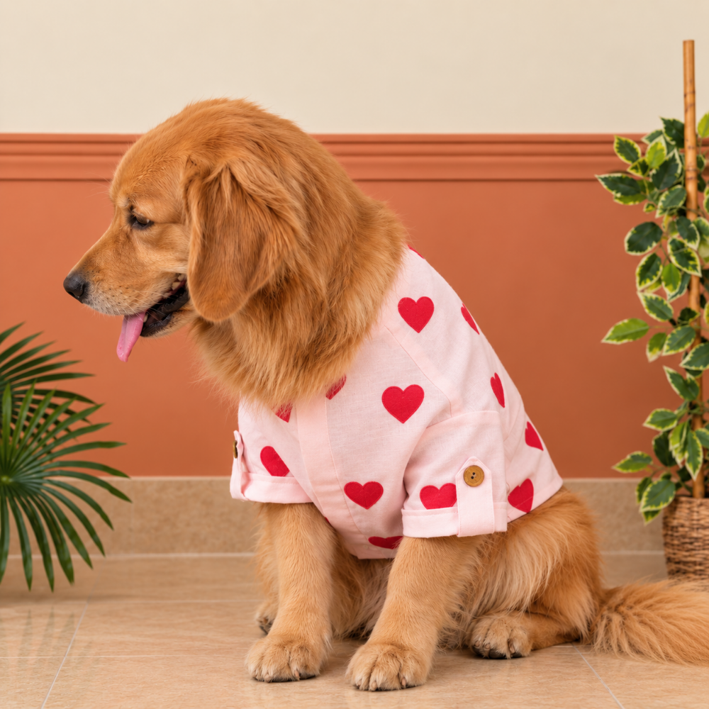 LINEN HEART EMBROIDERY DOG KURTA- BABY PINK