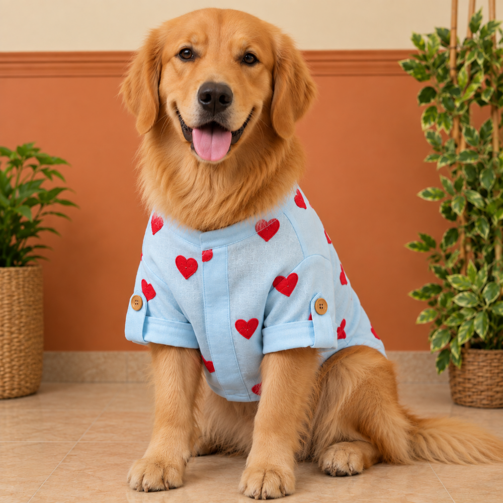 LINEN HEART EMBROIDERY DOG KURTA- BABY BLUE