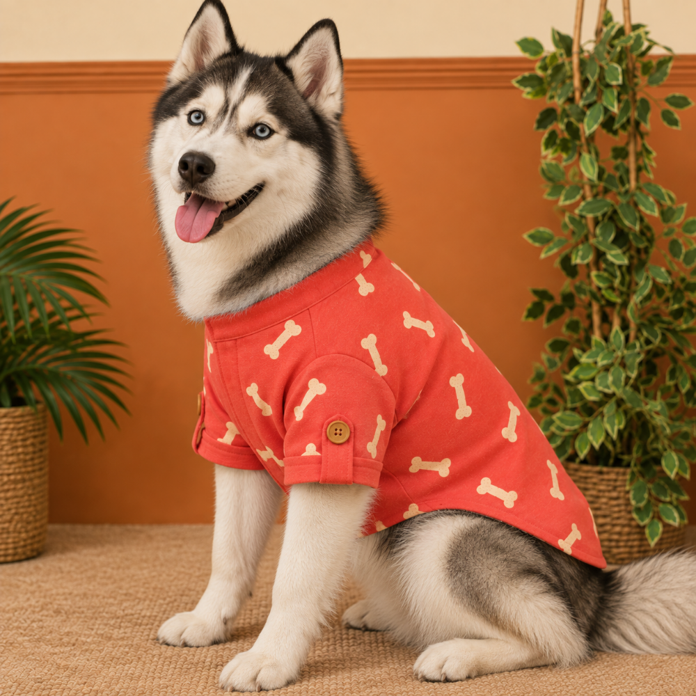 BONE EMBROIDERY DOG KURTA- CHERRY RED