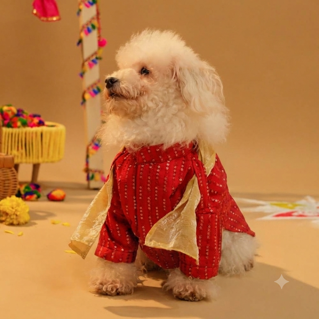 FURWALI FESTIVE DOG KURTA WITH DUPATTA- ROYAL RED