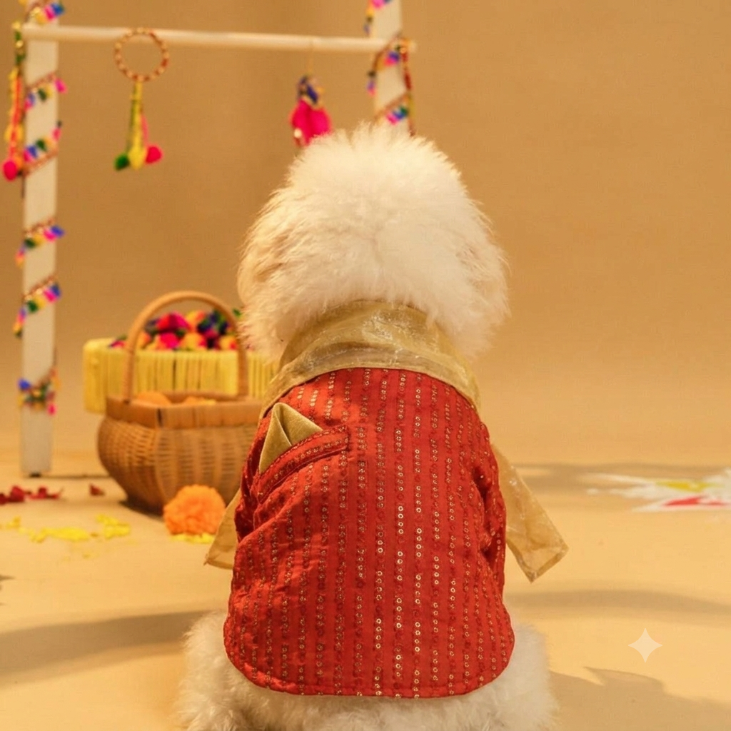 FURWALI FESTIVE DOG KURTA WITH DUPATTA- ROYAL RED
