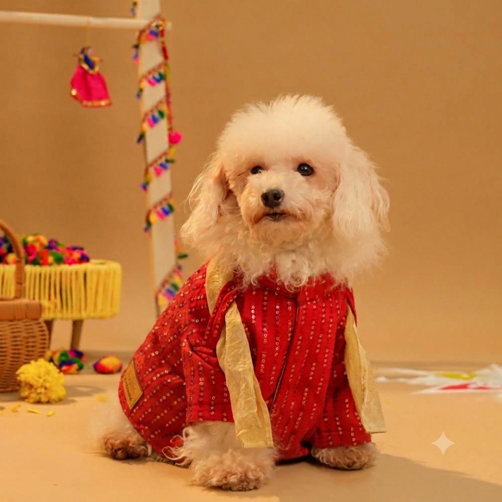 FURWALI FESTIVE DOG KURTA WITH DUPATTA- ROYAL RED